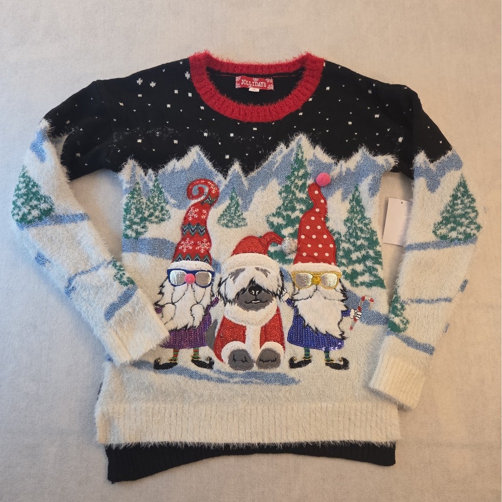 Jollidays Gnomes Dog Ugly Christmas Sweater Small Fuzzy Textured Snowy Mountains